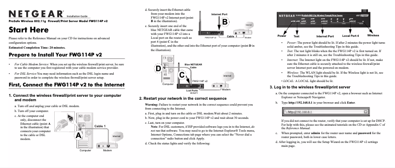 Page 1 de la notice Guide d'installation Netgear FWG114P