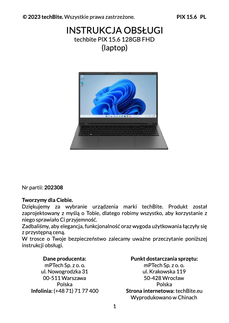 Image de la première page du manuel de l'appareil PIX 15.6