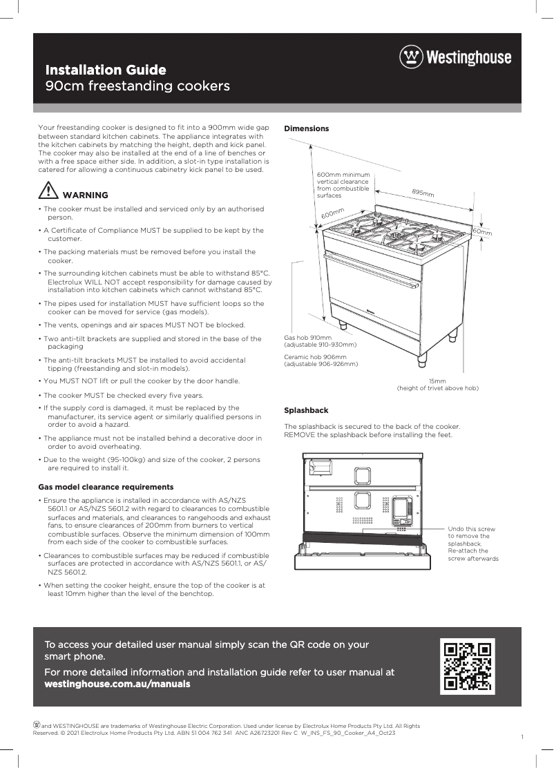 Page n°1 - Guide d'installation Westinghouse WFEP9757DD