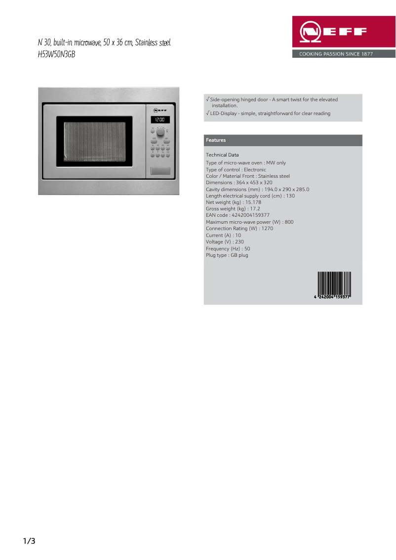 Page 1 de la notice Fiche technique Neff H53W50N3GB