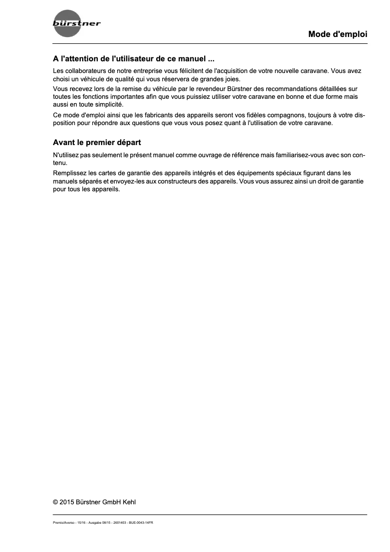 Page n°1 - Manuel utilisateur Bürstner Premio Plus (2016)