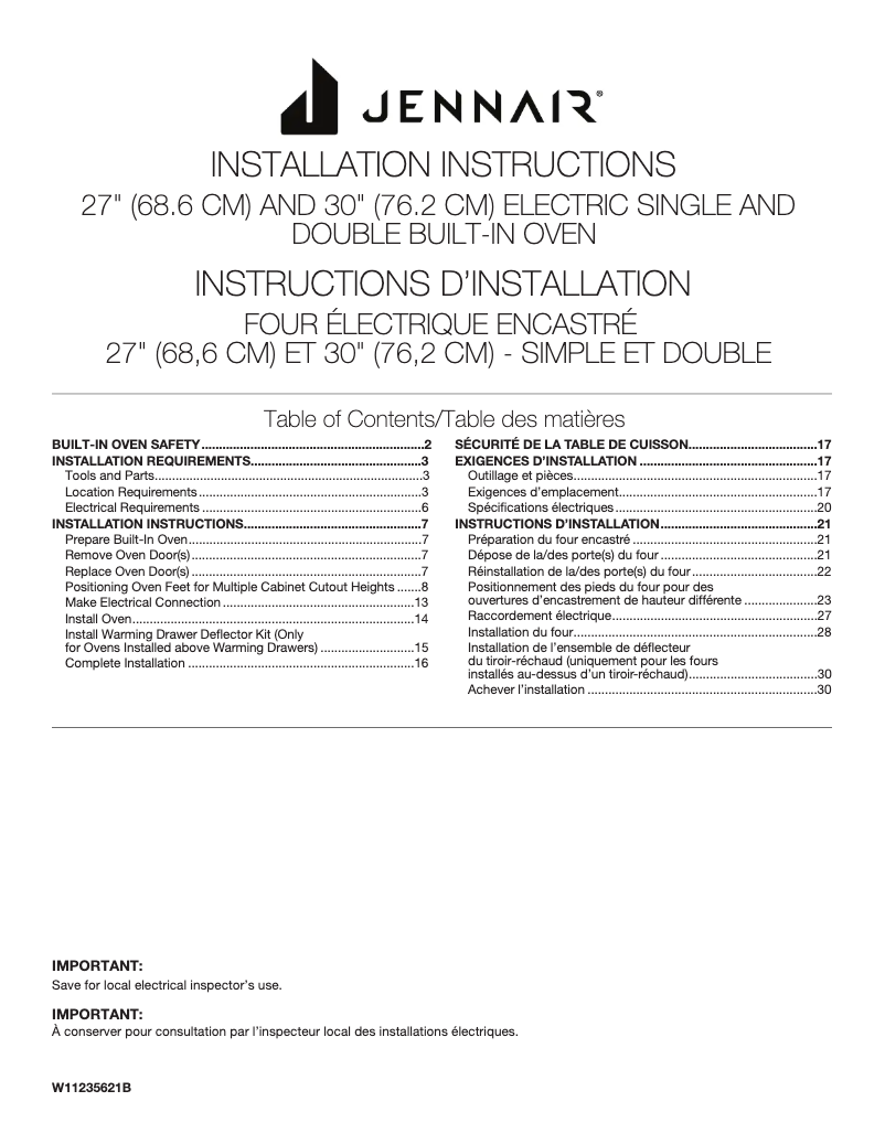 Page n°1 - Guide d'installation Jenn-Air JJW2830LM