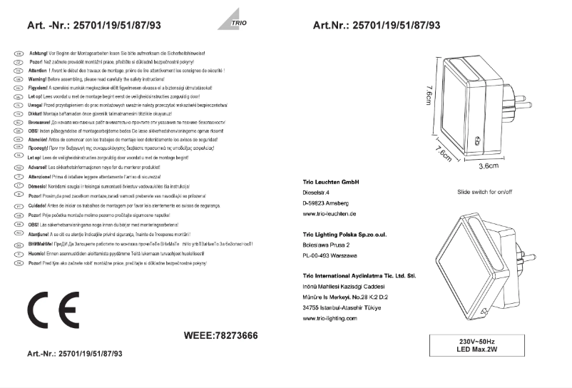 Page 1 de la notice Manuel utilisateur Trio Lighting Foxi 25719