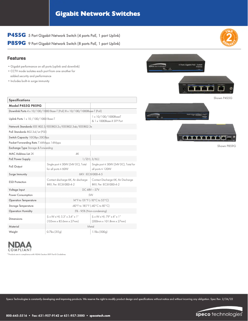 Page 1 de la notice Fiche technique Speco Technologies P8S9G