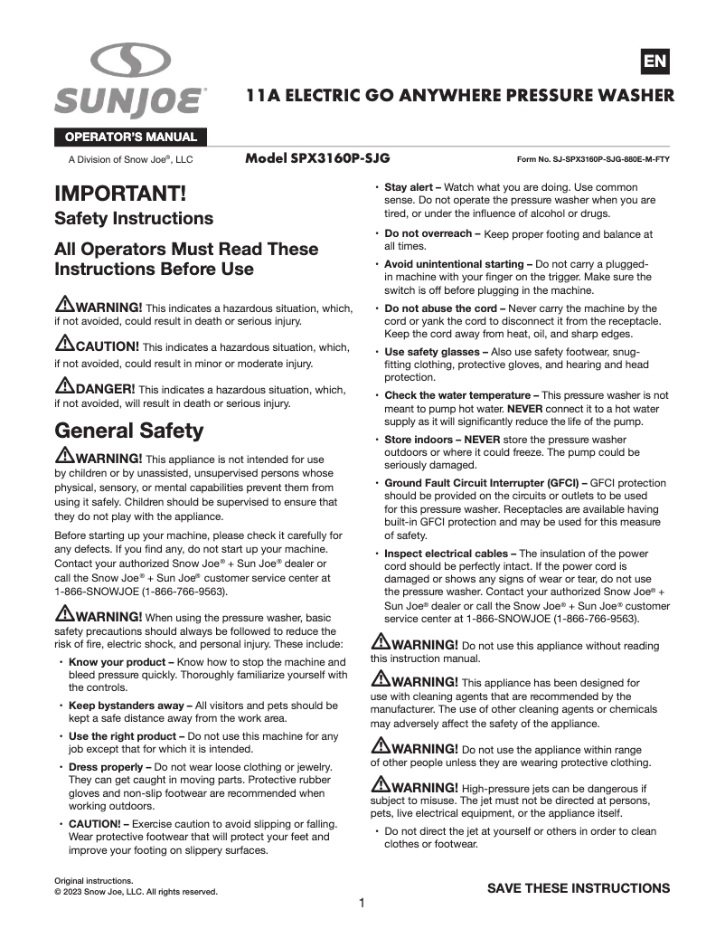 Page 1 de la notice Manuel utilisateur Sun Joe SPX3160