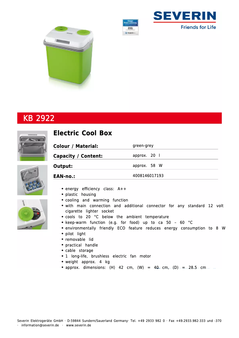 Page n°1 - Fiche technique Severin KB 2922