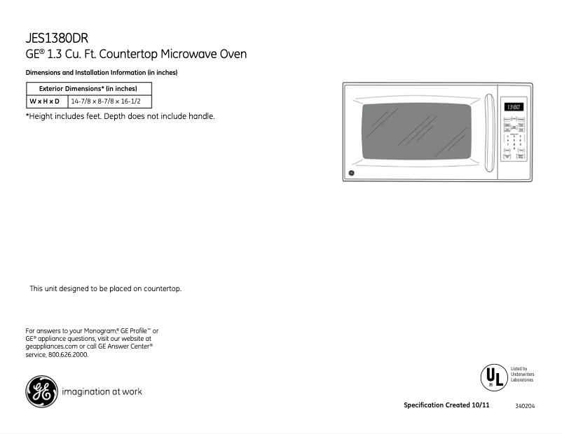 Page 1 de la notice Fiche technique GE JES1380DRBB