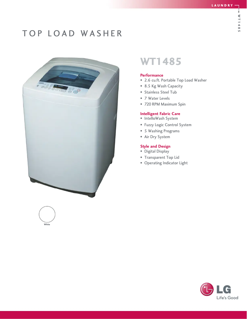 Page 1 de la notice Fiche technique LG WT1485CW