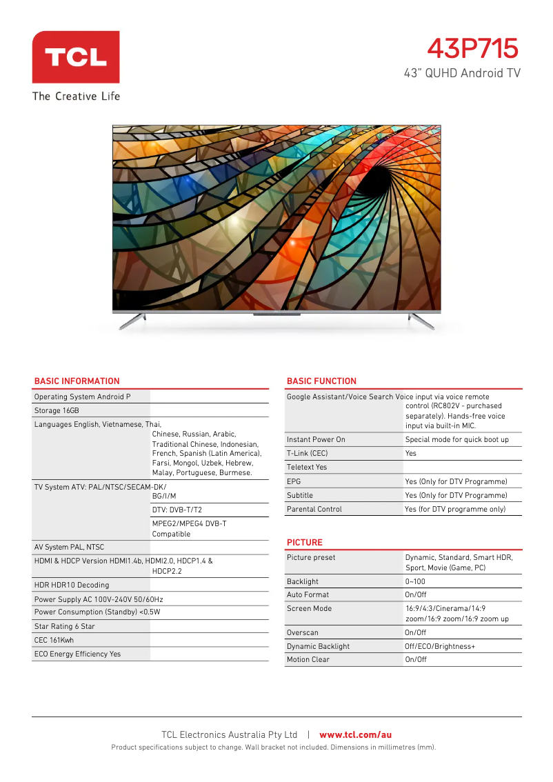 Page 1 de la notice Fiche technique TCL 43P715