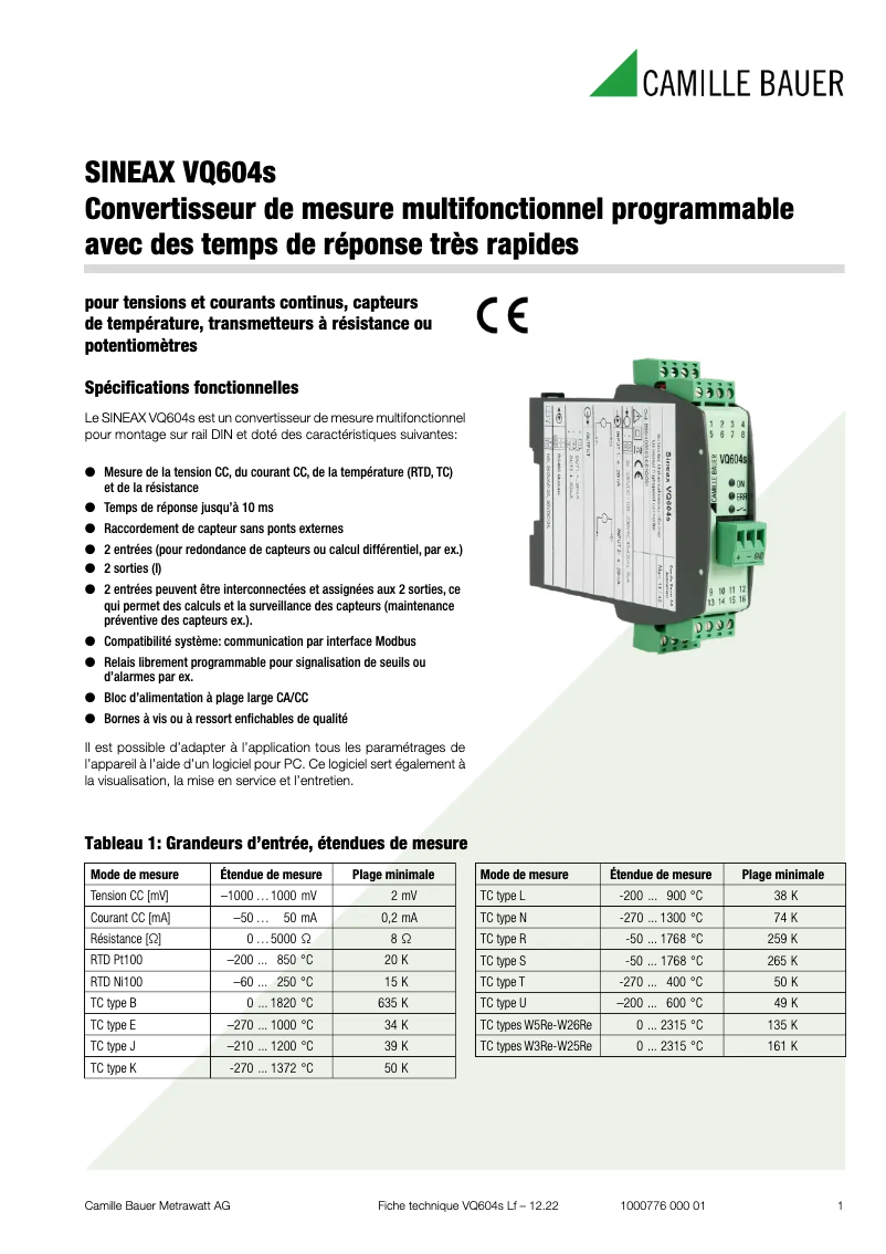 Page 1 de la notice Fiche technique Camille Bauer SINEAX VQ604s