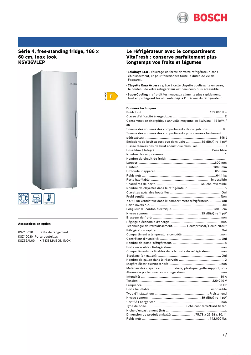 Page 1 de la notice Fiche technique Bosch KSV36VLEP