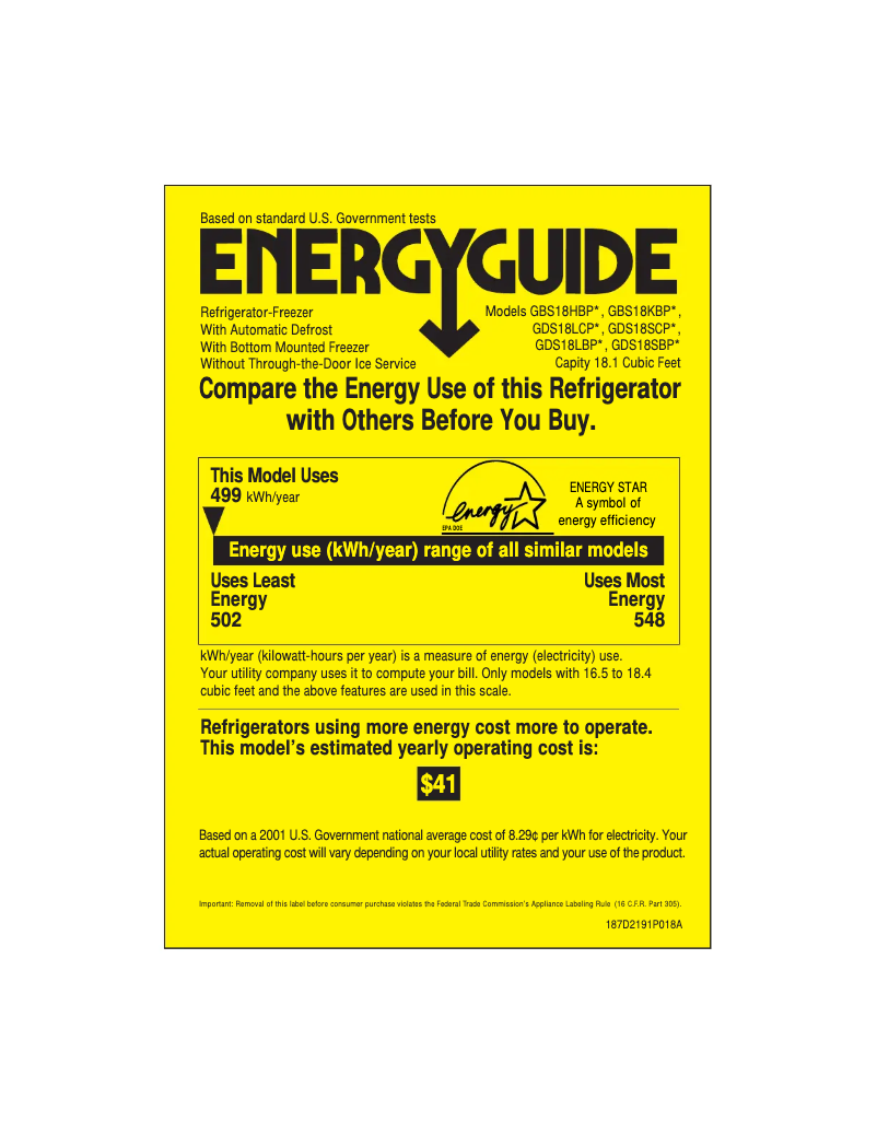 Page n°1 - Label énergétique GE GBS18HBPWW