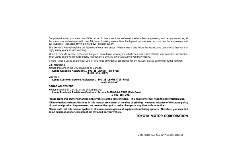 Image de la première page du manuel de l'appareil RX 300 (2003)