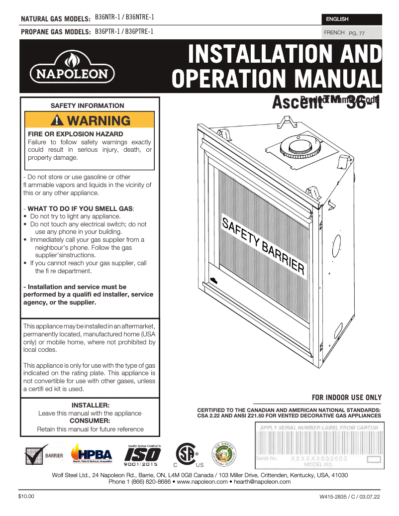 Página 1 del manual Manual de usuario Napoleon Ascent 36