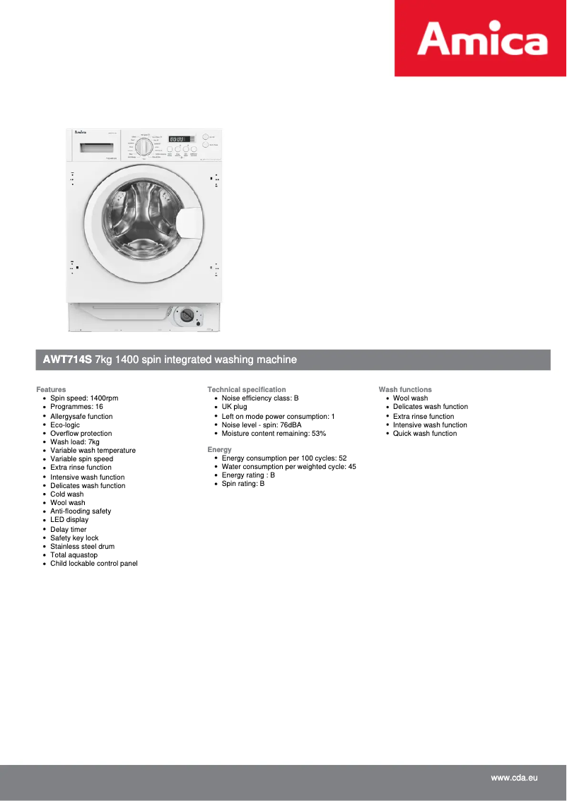 Page 1 of the manual Technical Sheet Amica AWT714S