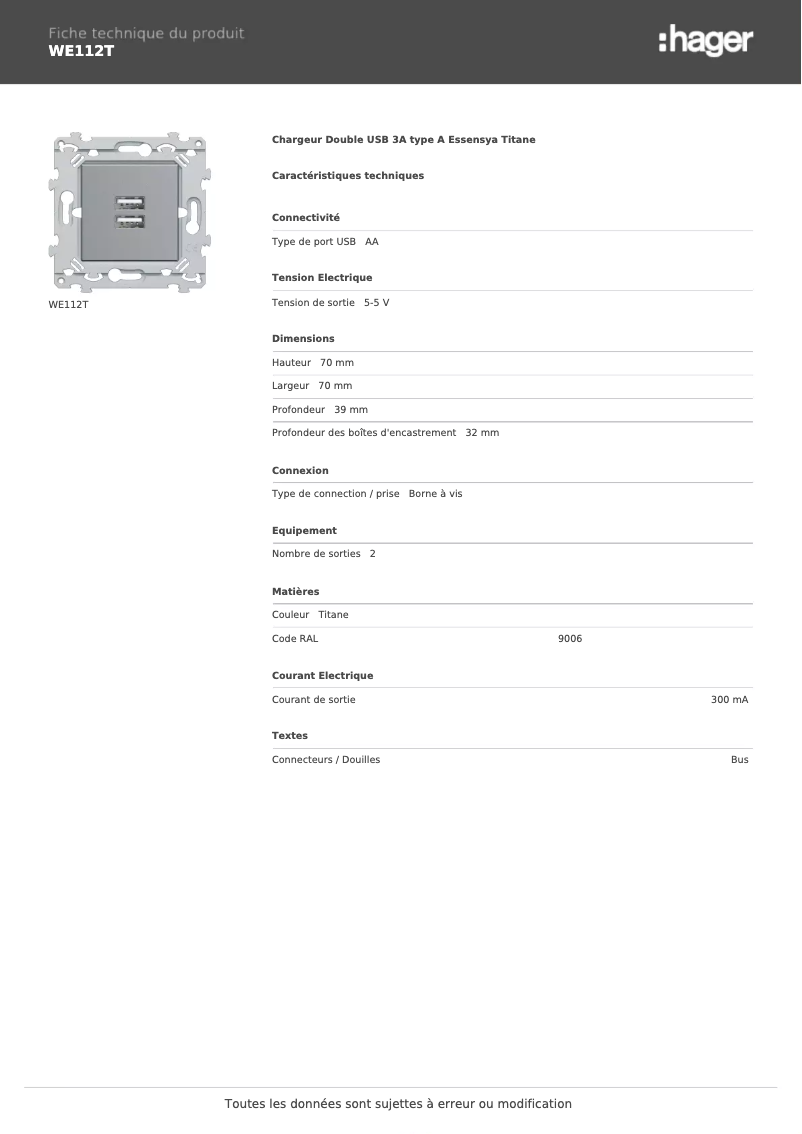 Page 1 de la notice Fiche technique Hager WE112T