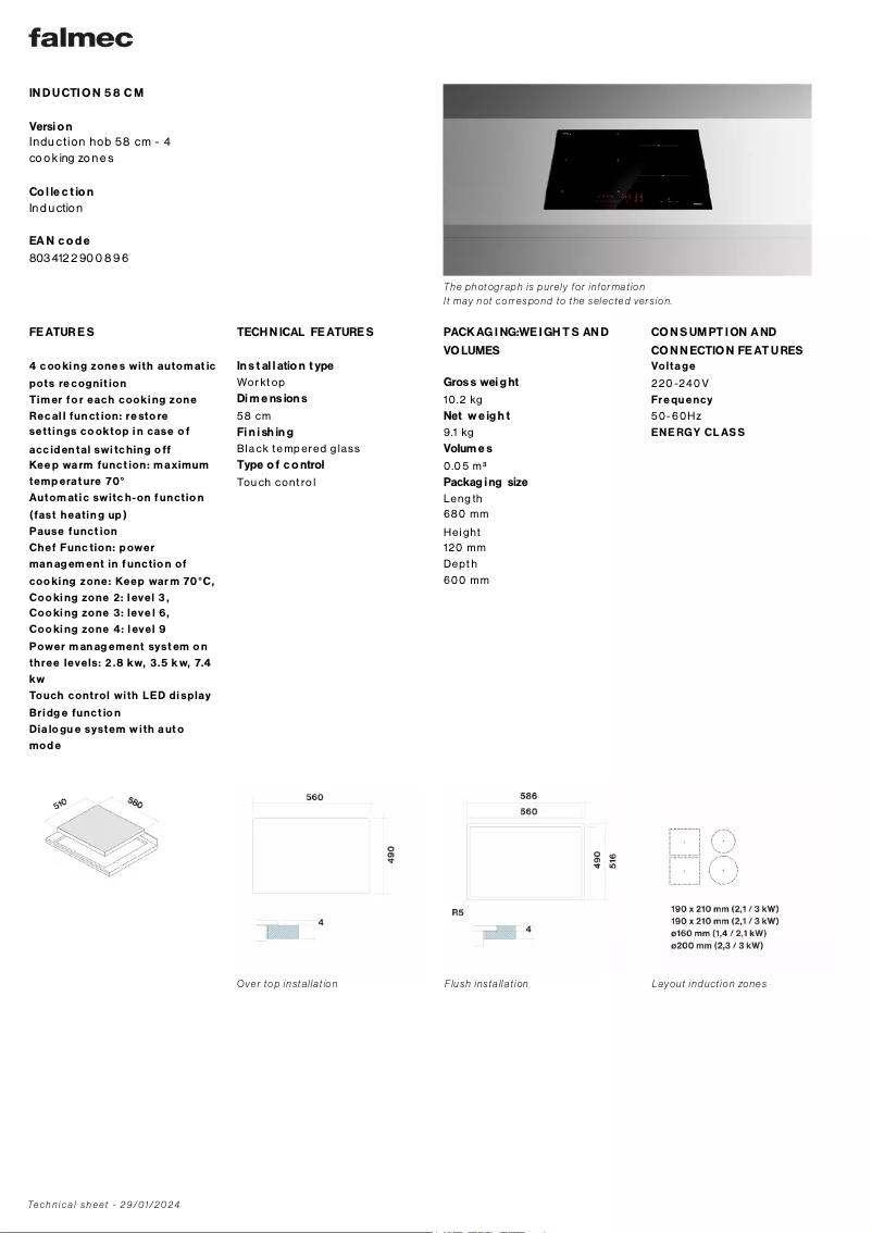 Page n°1 - Fiche technique Falmec Induction Hob 58 cm