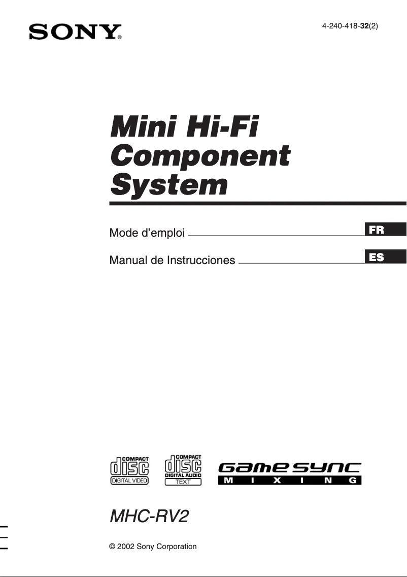 Page 1 de la notice Manuel utilisateur Sony MHC-RV2