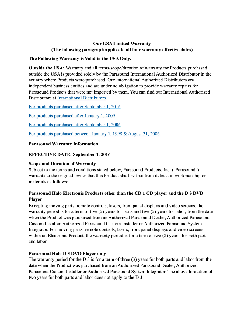 Page 1 de la notice Informations de garantie Parasound Halo JC 5