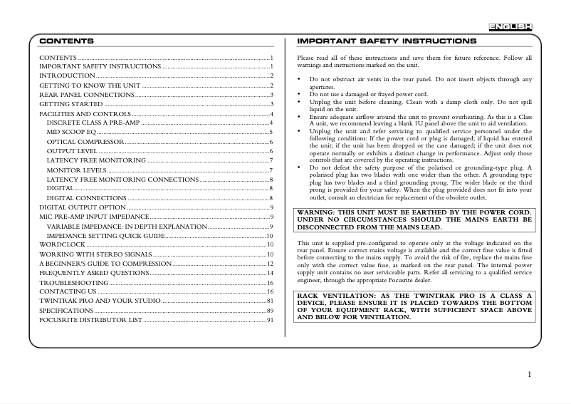 Page 1 de la notice Manuel utilisateur Focusrite Platinum TwinTrack Pro
