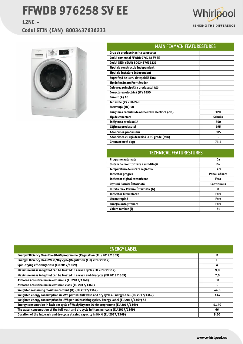 Page 1 de la notice Fiche technique Whirlpool FFWDB 976258 SV EE