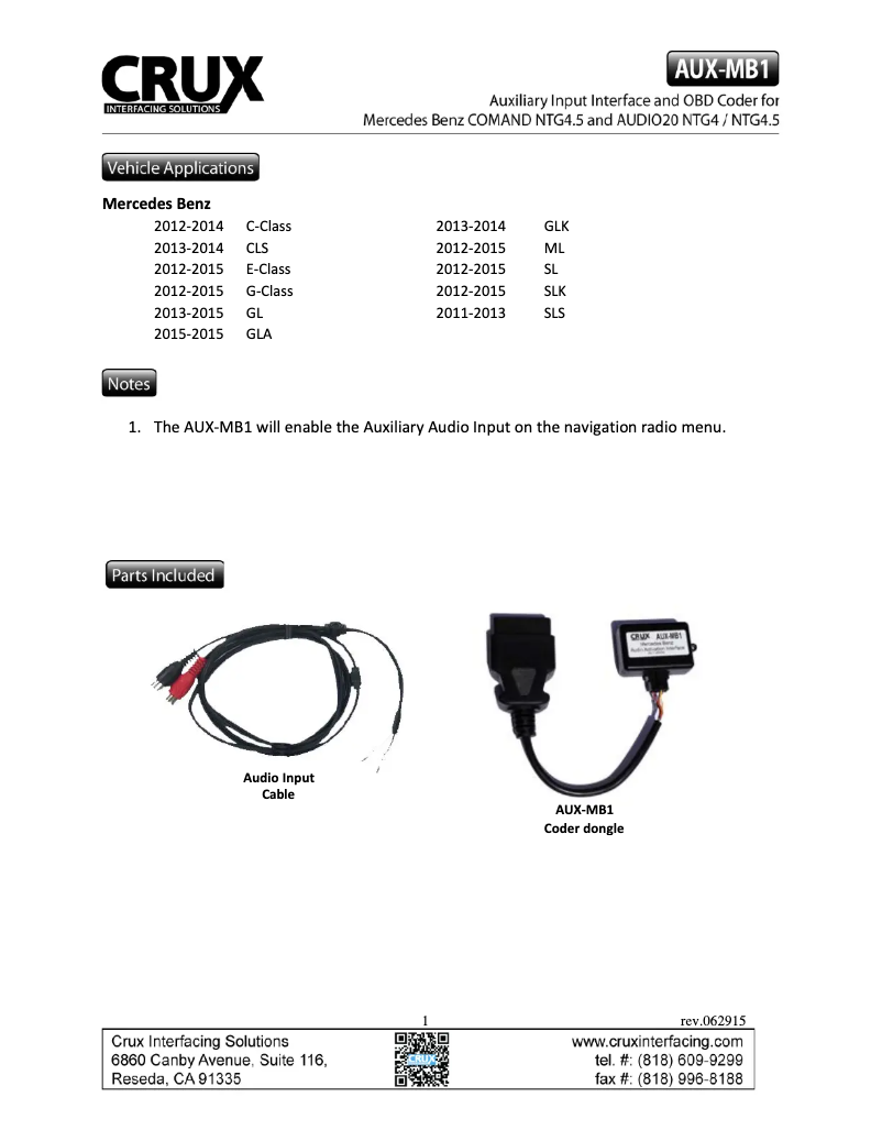 Page 1 de la notice Manuel utilisateur CRUX AUX-MB1
