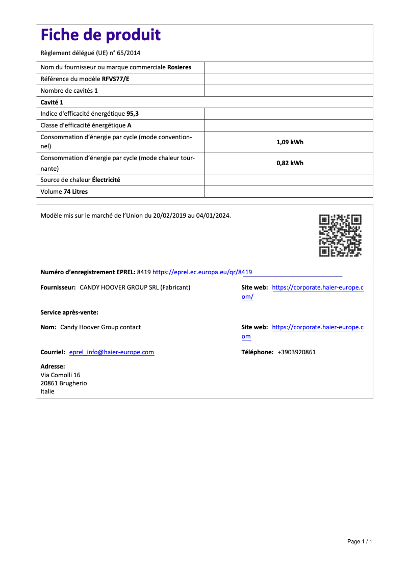 Page 1 de la notice Fiche technique Rosieres RFVS77/E