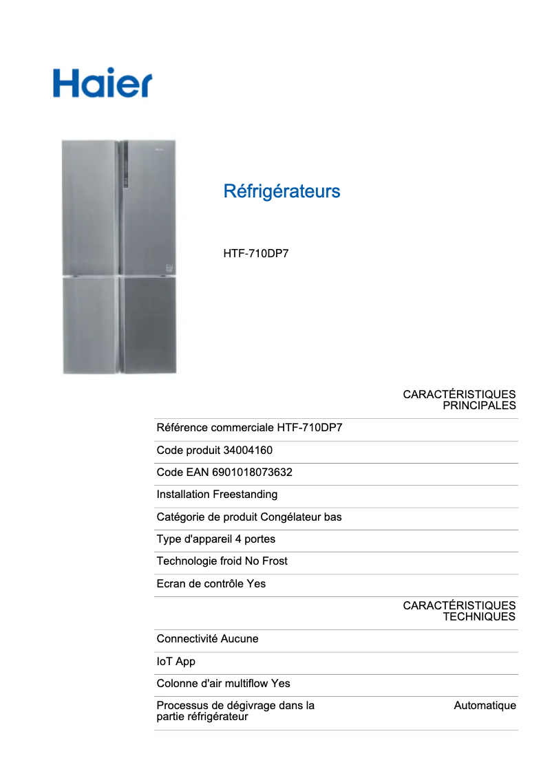 Page 1 de la notice Fiche technique Haier HTF-710DP7