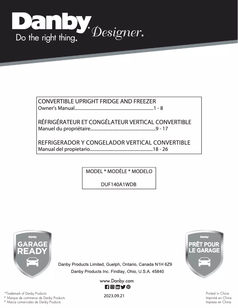 Page 1 de la notice Manuel utilisateur Danby DUF140A1WDB