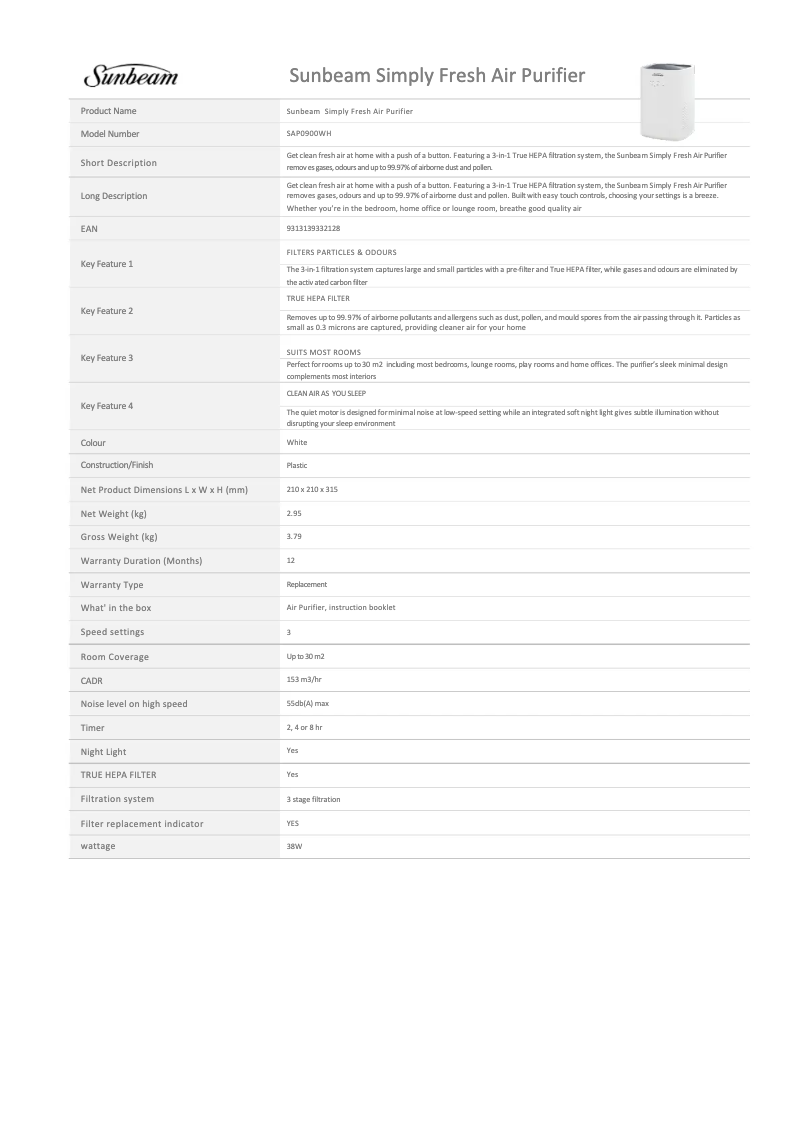 Page 1 de la notice Fiche technique Sunbeam Simply Fresh SAP0900WH