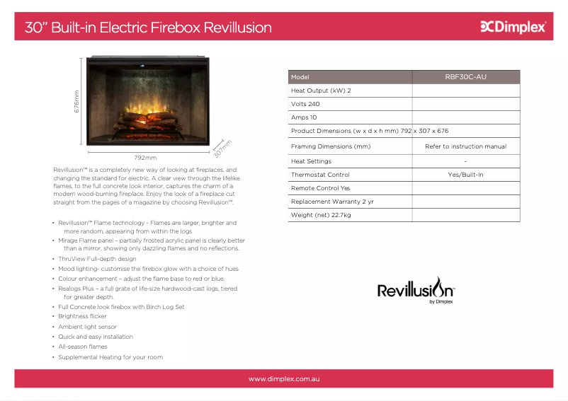 Page 1 de la notice Fiche technique Dimplex RBF30C-AU
