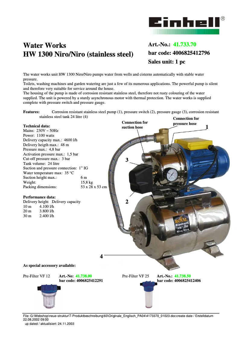 Page 1 de la notice Fiche technique Einhell Royal HW 1300 Niro/Niro
