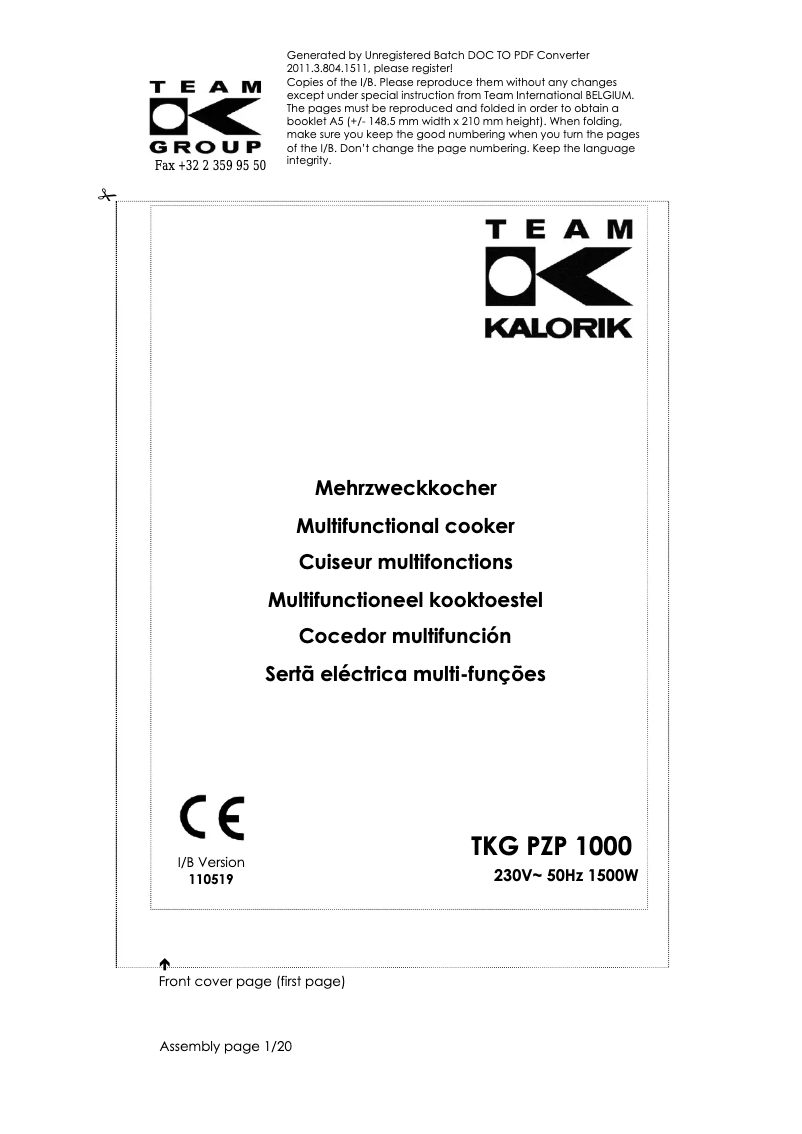 Page n°1 - Manuel utilisateur Kalorik TKG PZP 1000