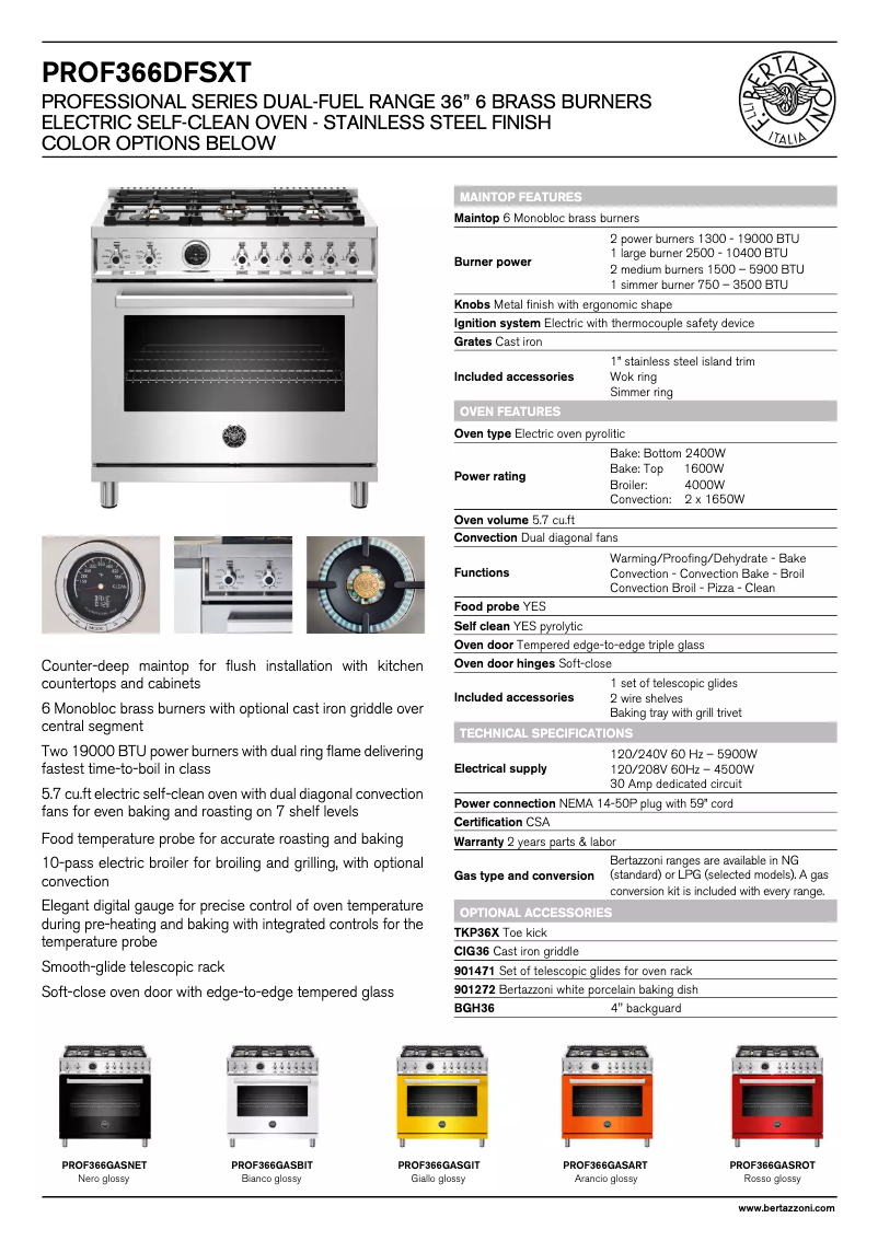 Page 1 de la notice Fiche technique Bertazzoni PROF366DFSXT