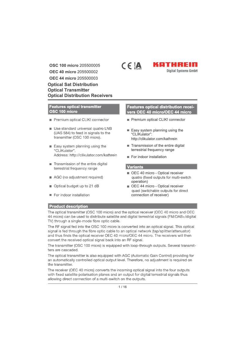 Page 1 de la notice Manuel utilisateur Kathrein OEC 44 micro