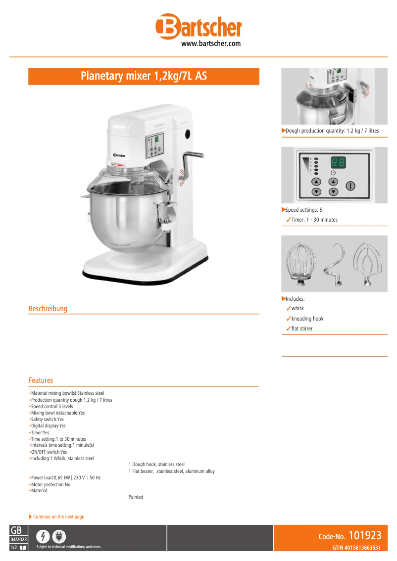 Page 1 de la notice Fiche technique Bartscher 101923