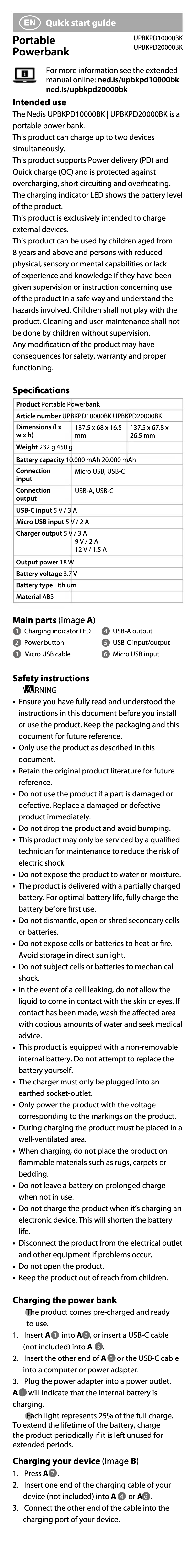 Page 1 de la notice Manuel utilisateur Nedis UPBKPD10000BK