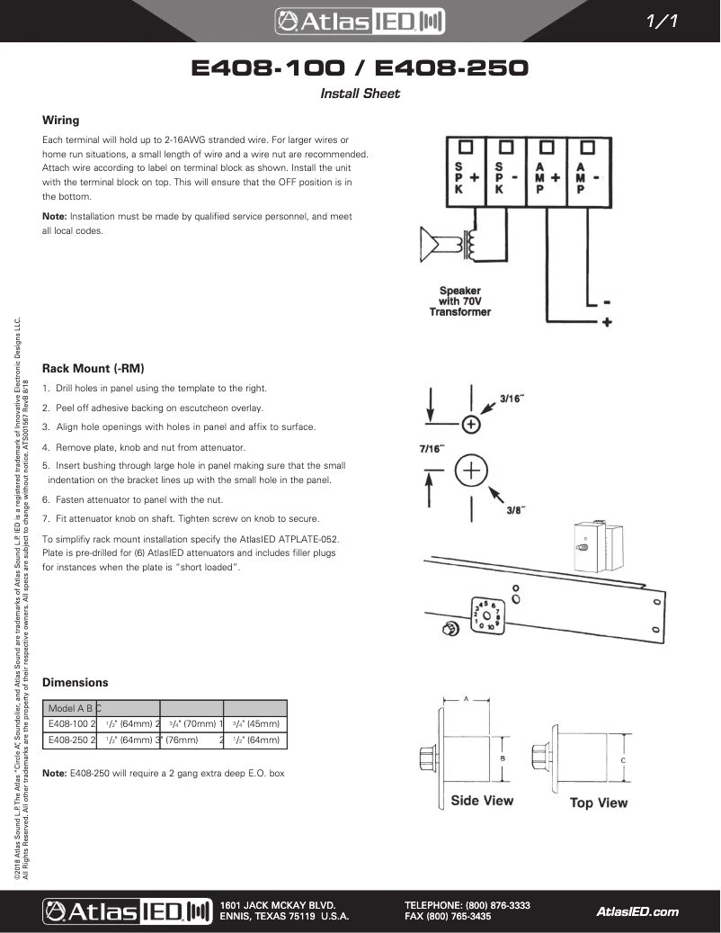 Page 1 de la notice Guide d'installation Atlas Sound E408-250