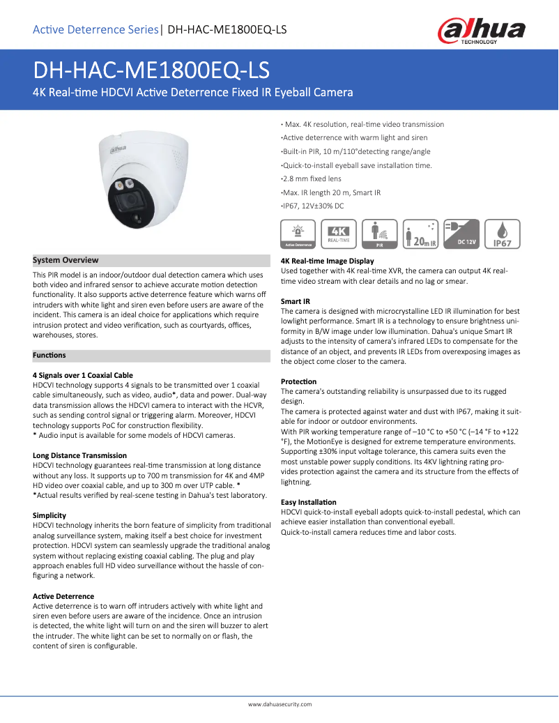 Page 1 de la notice Fiche technique Dahua Technology HAC-ME1800EQ-LS