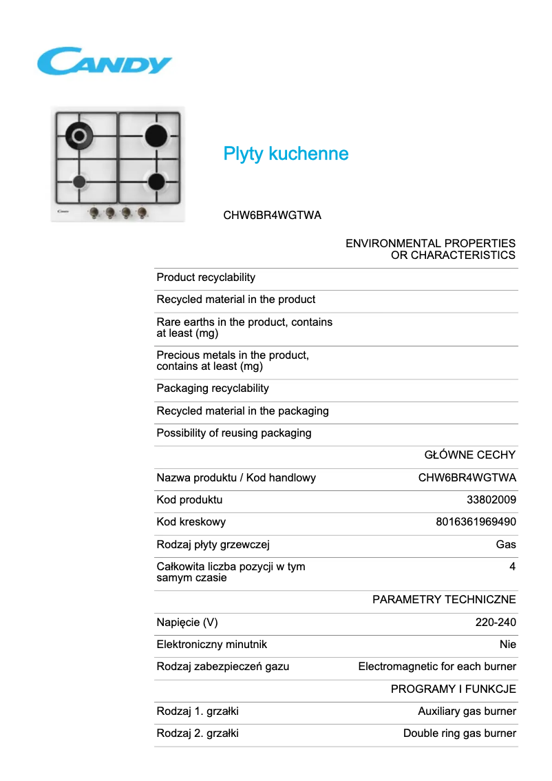 Page 1 de la notice Fiche technique Candy CHW6BR4WGTWA