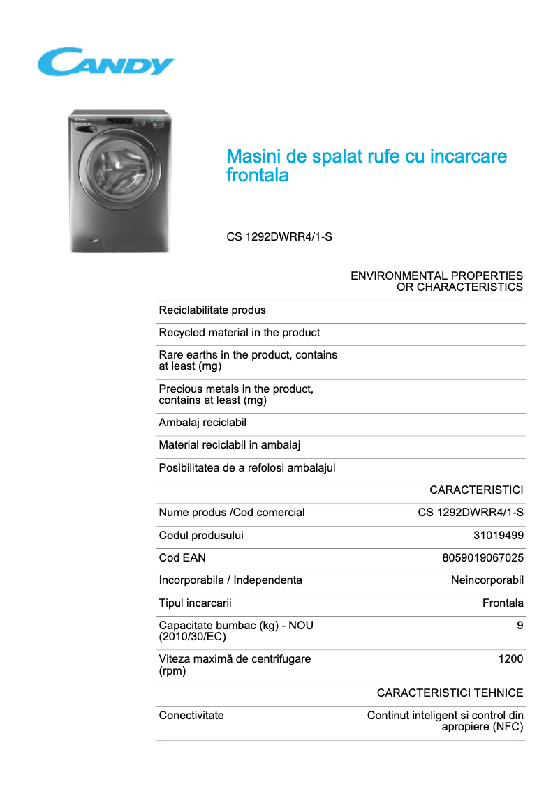 Page 1 de la notice Fiche technique Candy CS 1292DWRR4/1-S