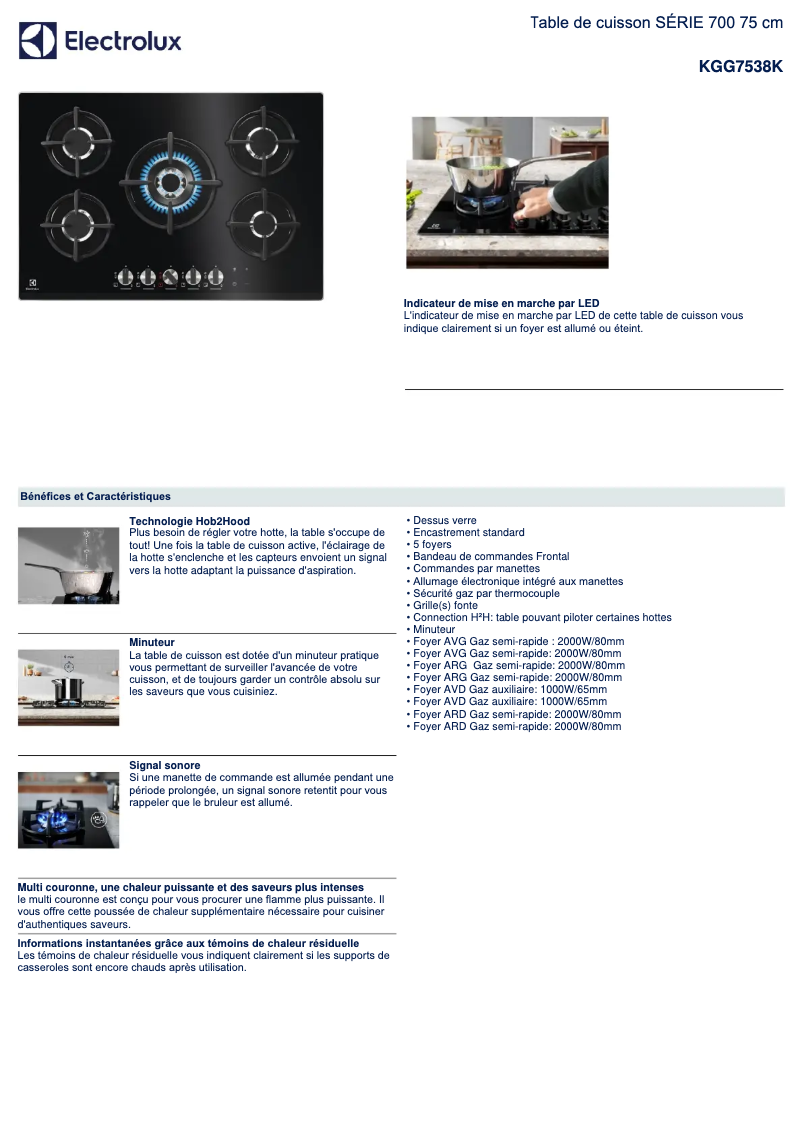 Page 1 de la notice Fiche technique Electrolux KGG7538K