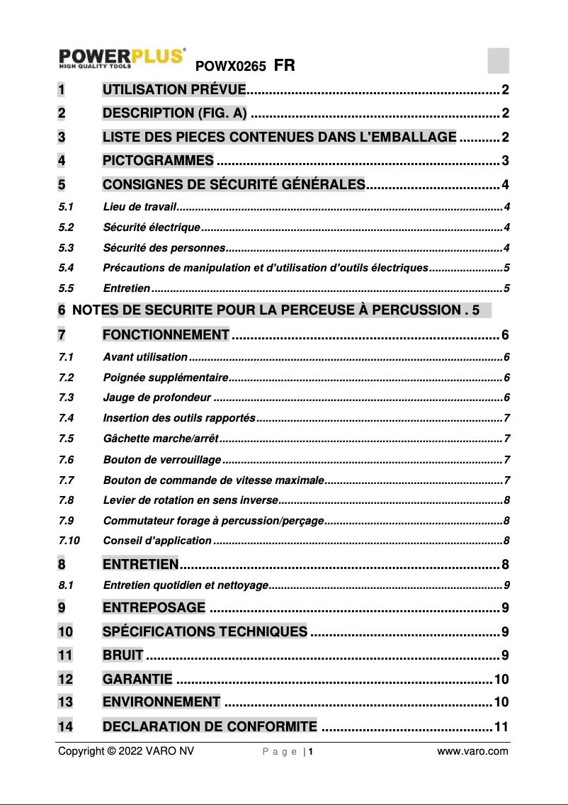 Page 1 de la notice Manuel utilisateur PowerPlus POWX0265