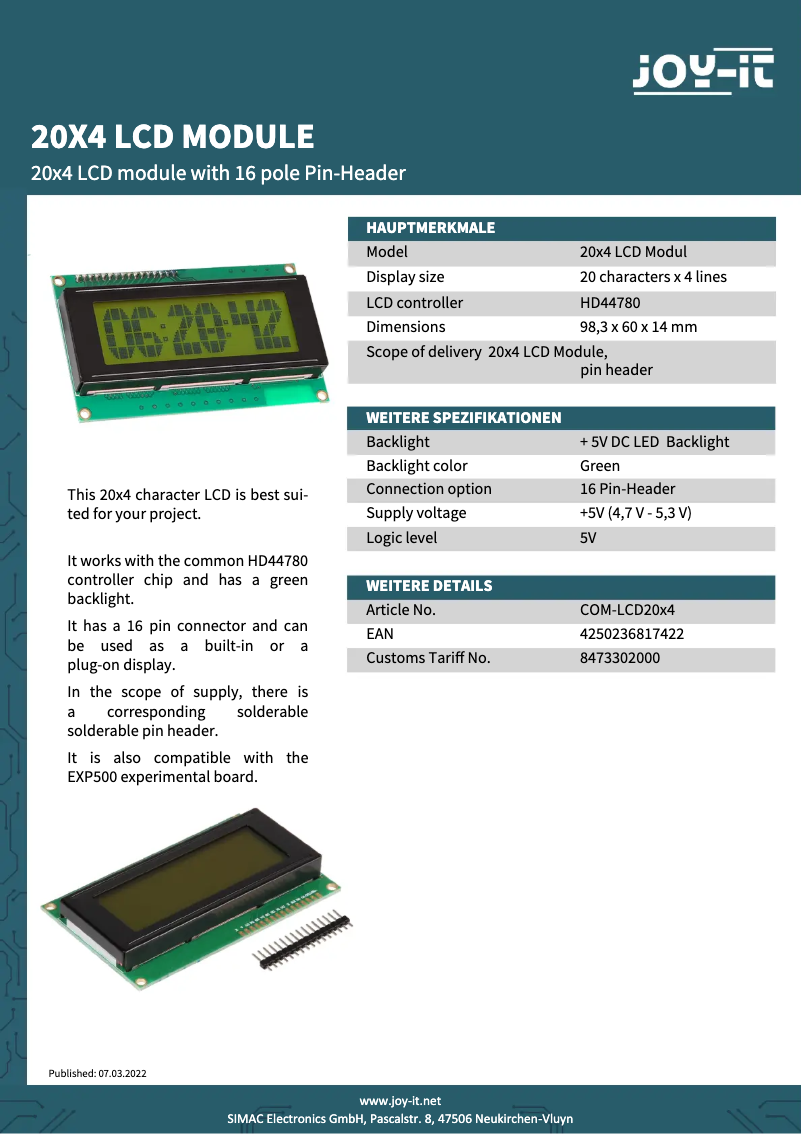 Page n°1 - Fiche technique Joy-It COM-LCD20x4