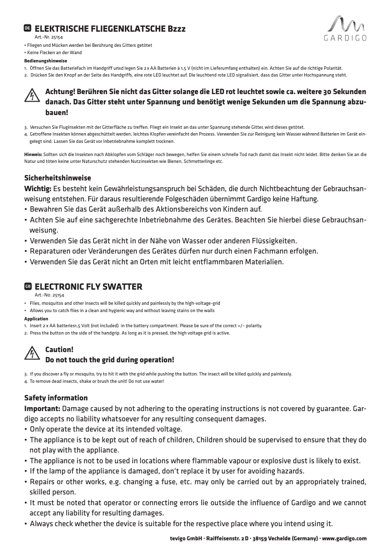 Page 1 de la notice Manuel utilisateur Gardigo Bzzz