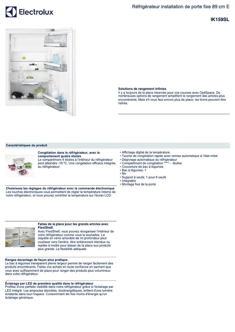 Page 1 de la notice Fiche technique Electrolux IK159SL