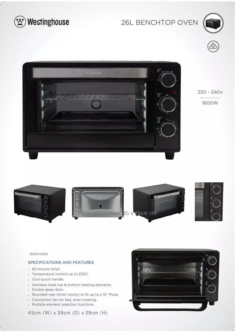 Page 1 de la notice Fiche technique Westinghouse WHOV01K