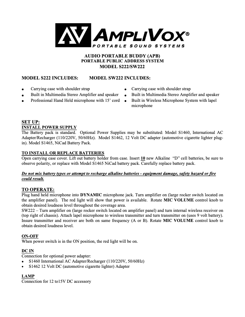 Page 1 de la notice Manuel utilisateur AmpliVox S222
