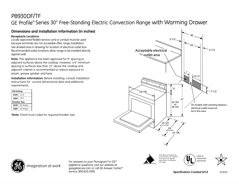 Page 1 of the manual Technical Sheet GE PB930TFWW
