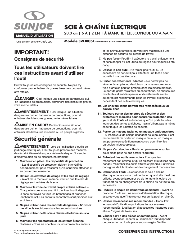 Page 1 de la notice Manuel utilisateur Sun Joe SWJ805E